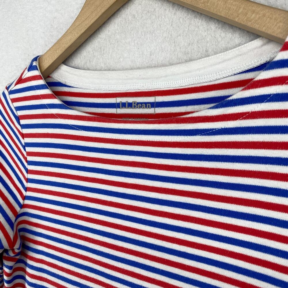 LL BEAN Top Womens XS Nautical Striped Round Neck Cuffed Sleeve Cotton Red Blue